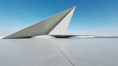  Boş beton zemin ve araba sunumu arka planına sahip soyut modern mimarinin 3D görüntüsü.