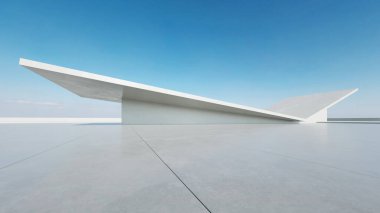  Boş beton zemin ve araba sunumu arka planına sahip soyut modern mimarinin 3D görüntüsü.