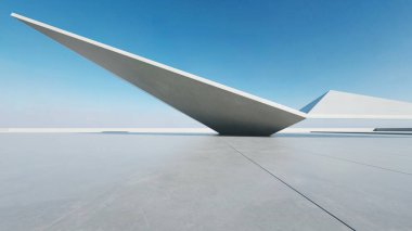  Boş beton zemin ve araba sunumu arka planına sahip soyut modern mimarinin 3D görüntüsü.