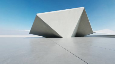  Boş beton zemin ve araba sunumu arka planına sahip soyut modern mimarinin 3D görüntüsü.
