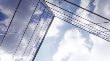 Bulut yansımalı modern ofis cam binasının 3D görüntüsü