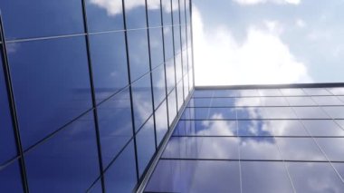 Bulut yansımalı modern ofis cam binasının 3D görüntüsü