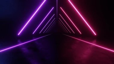 Karanlık bilim kurgu üçgen tüneli, geometrik formdaki fütürist neon ışığı. Döngü canlandırması.