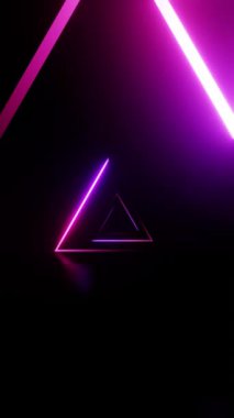 Karanlık bilim kurgu üçgen tüneli, geometrik formdaki fütürist neon ışığı. Döngü canlandırması.