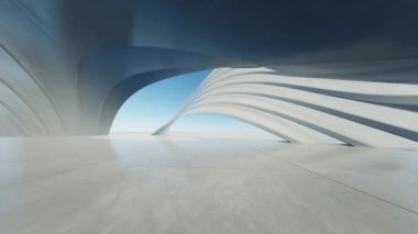 Boş beton zeminli üç boyutlu soyut dalgalı fütüristik mimari