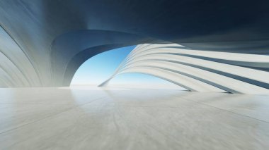 Boş beton zeminli üç boyutlu soyut dalgalı fütüristik mimari