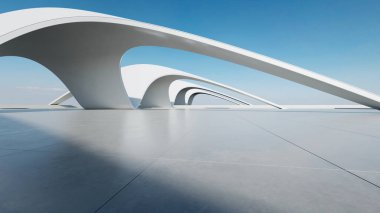 Boş beton zeminli 3d soyut eğri yapısı fütüristik mimarisi