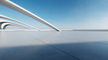 Boş beton zeminli 3d soyut eğri yapısı fütüristik mimarisi
