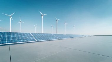 Rüzgar türbini ve güneş panellerinden üretilen 3D, yenilenebilir enerji kavramı