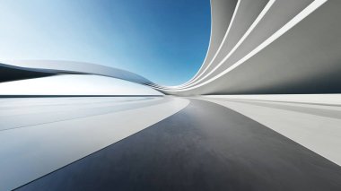 Boş beton zeminli 3D soyut yapı fütüristik mimarisi