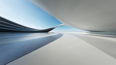 Boş beton zeminli 3D soyut yapı fütüristik mimarisi