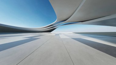 Boş beton zeminli 3D soyut yapı fütüristik mimarisi