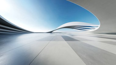 Boş beton zeminli 3D soyut yapı fütüristik mimarisi