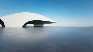 Soyut eğimli yapıların boş beton zeminli 3D görüntüsü