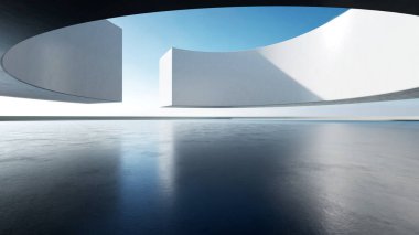 Soyut eğimli yapıların boş beton zeminli 3D görüntüsü