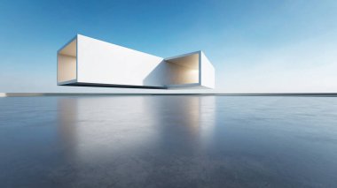  Boş beton zemin ve araba sunumu arka planına sahip soyut modern mimarinin 3D görüntüsü.
