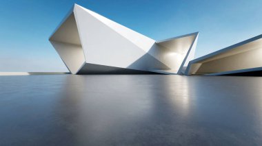  Boş beton zemin ve araba sunumu arka planına sahip soyut modern mimarinin 3D görüntüsü.