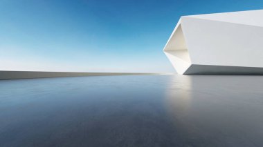 Boş beton zemin, minimal beyaz dış görünüş, araba sunumu arka planı ile soyut modern mimarinin 3D görüntüsü