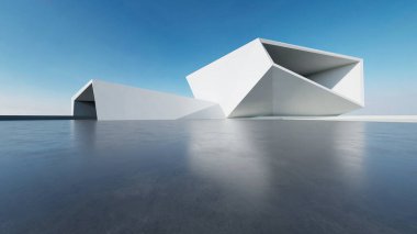 Boş beton zemin, minimal beyaz dış görünüş, araba sunumu arka planı ile soyut modern mimarinin 3D görüntüsü