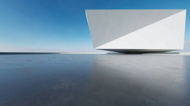 Boş beton zemin, minimal beyaz dış görünüş, araba sunumu arka planı ile soyut modern mimarinin 3D görüntüsü