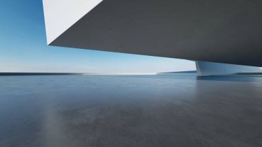Boş beton zemin, minimal beyaz dış görünüş, araba sunumu arka planı ile soyut modern mimarinin 3D görüntüsü
