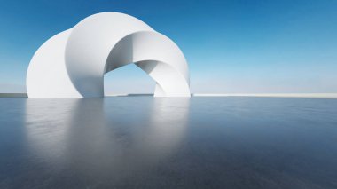 Soyut beyaz yapının boş beton zeminli fütüristik mimarisinin 3D görüntüsü
