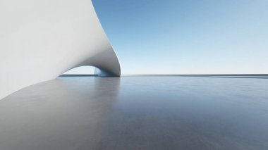 Boş beton zeminli 3d soyut eğri yapısı fütüristik mimarisi