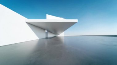 Boş beton zemin, minimal beyaz dış görünüş, araba sunumu arka planı ile soyut modern mimarinin 3D görüntüsü