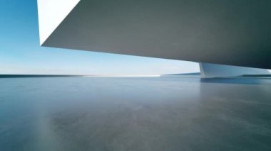 Boş beton zemin, minimal beyaz dış görünüş, araba sunumu arka planı ile soyut modern mimarinin 3D görüntüsü