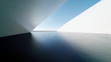 Boş beton zemin, minimal beyaz dış görünüş, araba sunumu arka planı ile soyut modern mimarinin 3D görüntüsü