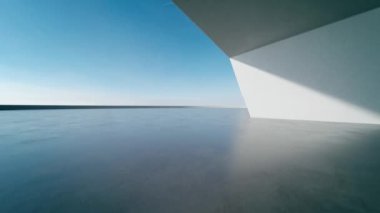 Boş beton zemin, minimal beyaz dış görünüş, araba sunumu arka planı ile soyut modern mimarinin 3D görüntüsü