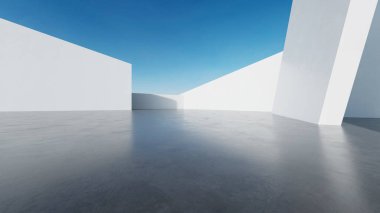 Boş beton zemin, minimal beyaz dış görünüş, araba sunumu arka planı ile soyut modern mimarinin 3D görüntüsü