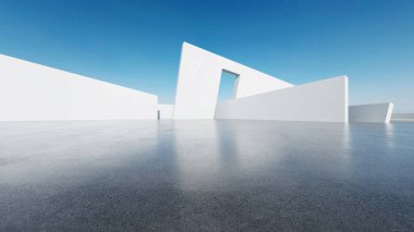 Boş beton zemin, minimal beyaz dış görünüş, araba sunumu arka planı ile soyut modern mimarinin 3D görüntüsü