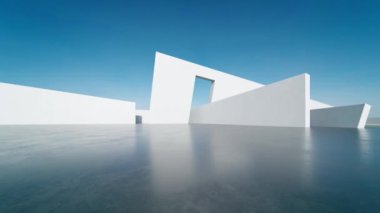 Boş beton zemin, minimal beyaz dış görünüş, araba sunumu arka planı ile soyut modern mimarinin 3D görüntüsü