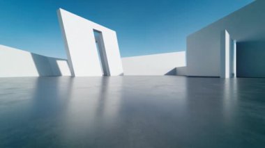 Boş beton zemin, minimal beyaz dış görünüş, araba sunumu arka planı ile soyut modern mimarinin 3D görüntüsü