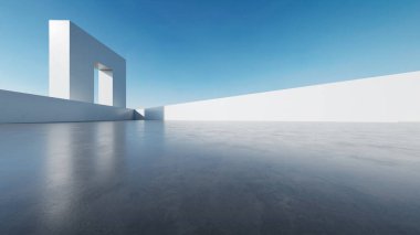 Boş beton zemin, minimal beyaz dış görünüş, araba sunumu arka planı ile soyut modern mimarinin 3D görüntüsü