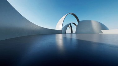 Üç boyutlu soyut eğri cam kubbe yapısının boş beton zeminli fütürist mimarisi