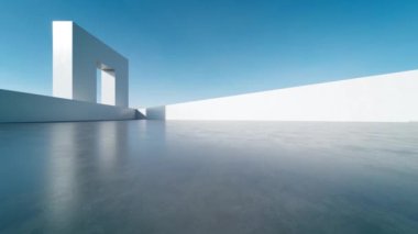 Boş beton zemin, minimal beyaz dış görünüş, araba sunumu arka planı ile soyut modern mimarinin 3D görüntüsü