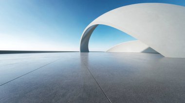 Boş beton zeminli 3d soyut eğri yapısı fütüristik mimarisi