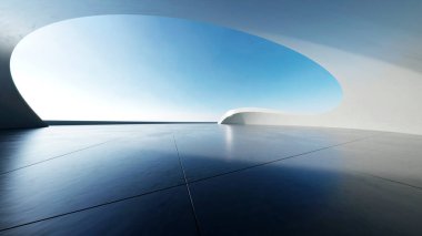 Boş beton zeminli 3d soyut eğri yapısı fütüristik mimarisi