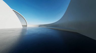 Boş beton zeminli 3d soyut eğri yapısı fütüristik mimarisi