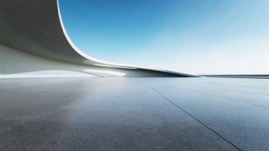 Boş beton zeminli 3d soyut eğri yapısı fütüristik mimarisi
