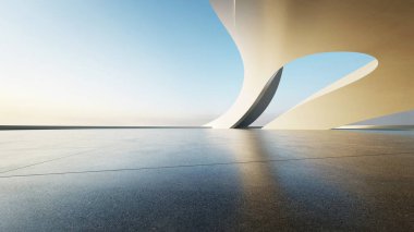 Boş beton zeminli 3d soyut eğri yapısı fütüristik mimarisi