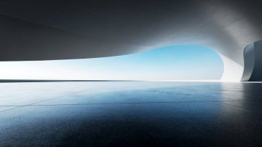 Boş beton zeminli 3d soyut eğri yapısı fütüristik mimarisi