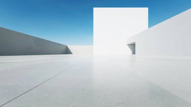 Boş beton zemin, minimal beyaz dış görünüş, araba sunumu arka planı ile soyut modern mimarinin 3D görüntüsü