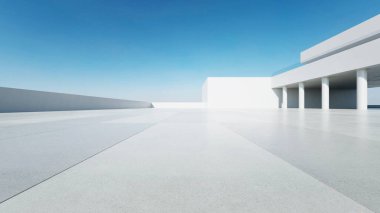 Boş beton zemin, minimal beyaz dış görünüş, araba sunumu arka planı ile soyut modern mimarinin 3D görüntüsü