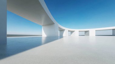 3D soyut eğri yapısı fütüristik mimarisi boş beton zemin, araba sunumu sahnesi