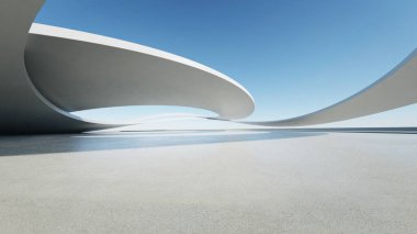 3D soyut eğri yapısı fütüristik mimarisi boş beton zemin, araba sunumu sahnesi