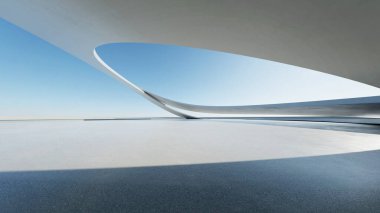 3D soyut eğri yapısı fütüristik mimarisi boş beton zemin, araba sunumu sahnesi