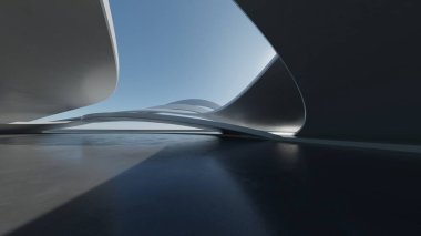 Boş beton zeminli 3d soyut eğri yapısı fütüristik mimarisi